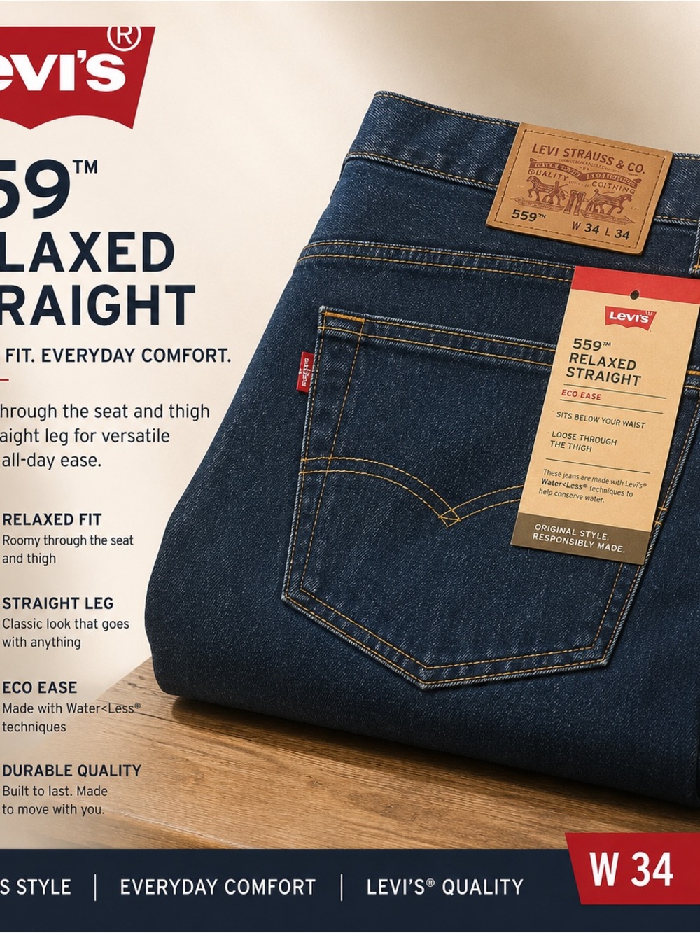 Levi's Men’s Relaxed Straight Jeans in Dark Blue Denim